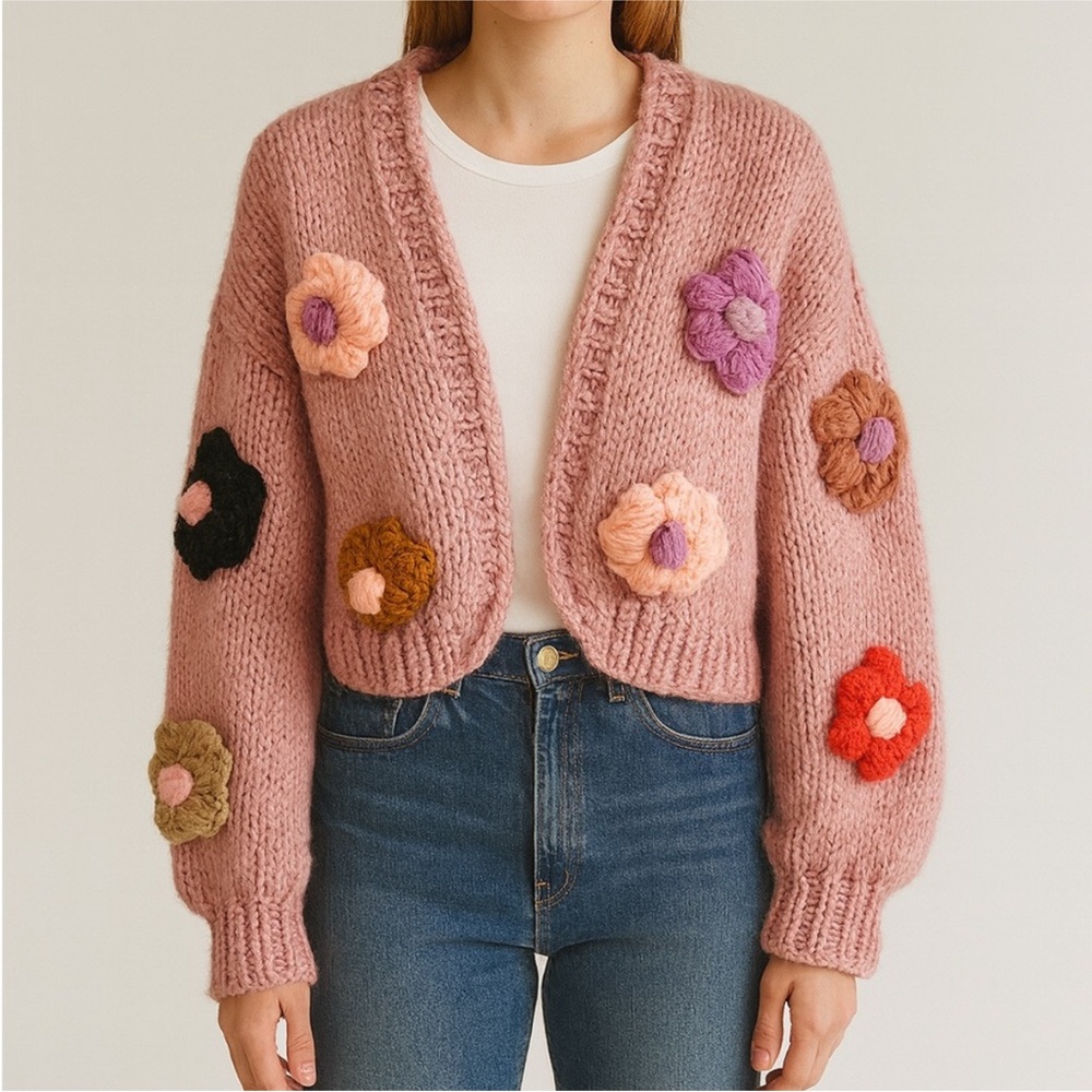 Hand Knit Chunky Pink Cardigan 3D Floral Appliqué
Size Large Myracle Design